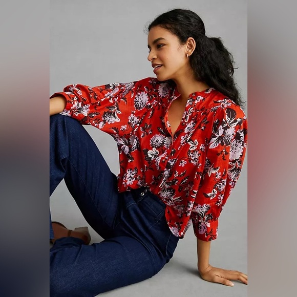 MAEVE by Anthropologie Femme Button Down Red Orange Floral Blouse Top Size XL